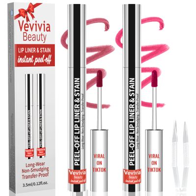 2pcs Lip Stain Peel Off - Lip Liner Stain Long Lasting Waterproof,2-in-1 Lip Liner with Tweezer Nude Matte,Non-Stick Cup,Highly PigmentedNatural Finish,Stay On All Day,Perfect for Gift (Mauve+Rose)