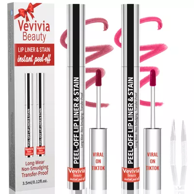 2pcs Lip Stain Peel Off - Lip Liner Stain Long Lasting Waterproof,2-in-1 Lip Liner with Tweezer Nude Matte,Non-Stick Cup,Highly PigmentedNatural Finish,Stay On All Day,Perfect for Gift (Mauve+Rose)