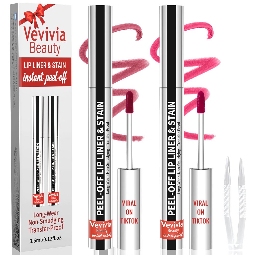 2pcs Lip Stain Peel Off - Lip Liner Stain Long Lasting Waterproof,2-in-1 Lip Liner with Tweezer Nude Matte,Non-Stick Cup,Highly PigmentedNatural Finish,Stay On All Day,Perfect for Gift (Mauve+Rose)