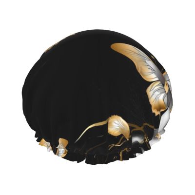 Gold White Butterflies Black1 Shower Cap For Women Reusable Double Layers Bathing Bath Cap Hair Caps Waterproof Elastic Band Ladies Spa Salon Shower Hat Hair Caps