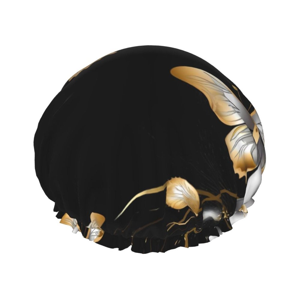 Gold White Butterflies Black1 Shower Cap For Women Reusable Double Layers Bathing Bath Cap Hair Caps Waterproof Elastic Band Ladies Spa Salon Shower Hat Hair Caps