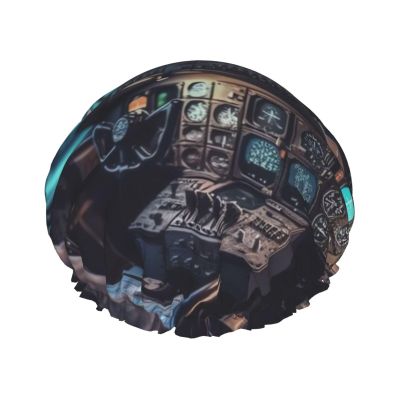 Airplane Cockpit1 (1)_ Shower Cap For Women Reusable Double Layers Bathing Bath Cap Hair Caps Waterproof Elastic Band Ladies Spa Salon Shower Hat Hair Caps