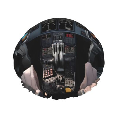 Airplane Cockpit1 Shower Cap For Women Reusable Double Layers Bathing Bath Cap Hair Caps Waterproof Elastic Band Ladies Spa Salon Shower Hat Hair Caps