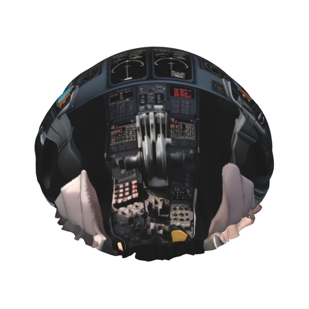 Airplane Cockpit1 Shower Cap For Women Reusable Double Layers Bathing Bath Cap Hair Caps Waterproof Elastic Band Ladies Spa Salon Shower Hat Hair Caps