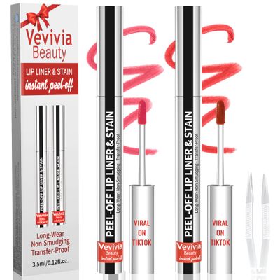 2pcs Lip Stain Peel Off - Lip Liner Stain Long Lasting Waterproof,2-in-1 Lip Liner with Tweezer Nude Matte,Non-Stick Cup,Highly PigmentedNatural Finish,Stay On All Day,Perfect for Gift (Nude+Cocoa)