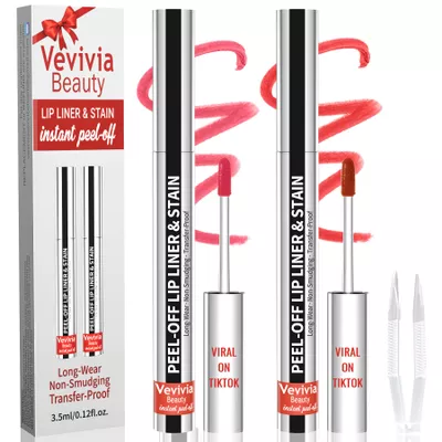 2pcs Lip Stain Peel Off - Lip Liner Stain Long Lasting Waterproof,2-in-1 Lip Liner with Tweezer Nude Matte,Non-Stick Cup,Highly PigmentedNatural Finish,Stay On All Day,Perfect for Gift (Nude+Cocoa)
