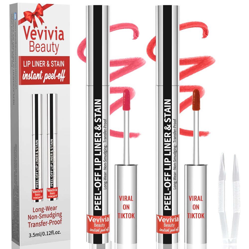 2pcs Lip Stain Peel Off - Lip Liner Stain Long Lasting Waterproof,2-in-1 Lip Liner with Tweezer Nude Matte,Non-Stick Cup,Highly PigmentedNatural Finish,Stay On All Day,Perfect for Gift (Nude+Cocoa)