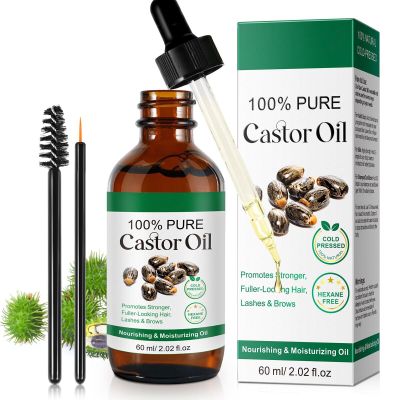100% Pure Cold-Pressed Castor Oil  2.02 FL OZ | For Hair Growth, Lashes & Brows | Includes Application Brushes