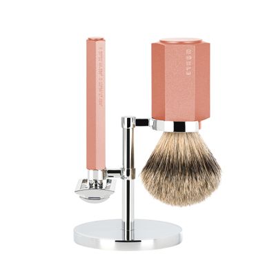 MHLE HEXAGON Shaving Kit, 3-parts, Shaving Brush with Silvertip Badger, Safety Razor, Sunrise