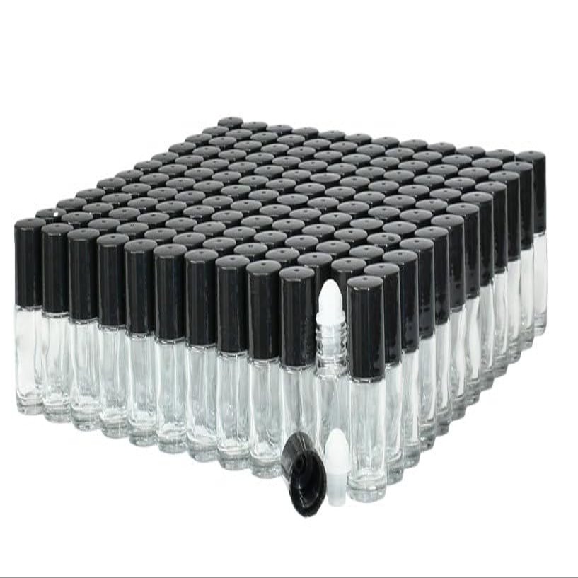 1 Oz Plain Roll-On Bottle (144 PIECES) with black caps; Essential Oil Roller Bottles, Refillable Roller Black Roll On - Bulk - 30 ml 1 oz Pack of 144 -Clear Color