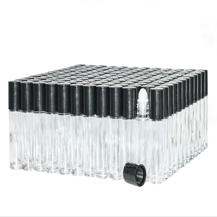 1/3oz plain roll on glass bottles with roller and black caps- 144 PACK; Essential Oils Roll On Bottle; Perfume Roller Bottles; Refillable Clear Glass; Deodorant Bottles