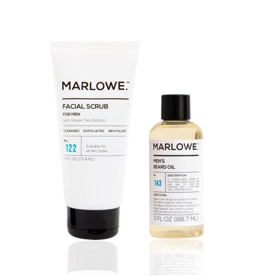 MARLOWE. Mens Facial Scrub & Beard Oil Bundle  Exfoliating Cleanser with Pine & Agarwood Scent + Conditioning Softener with Natural Oils for Grooming & Care