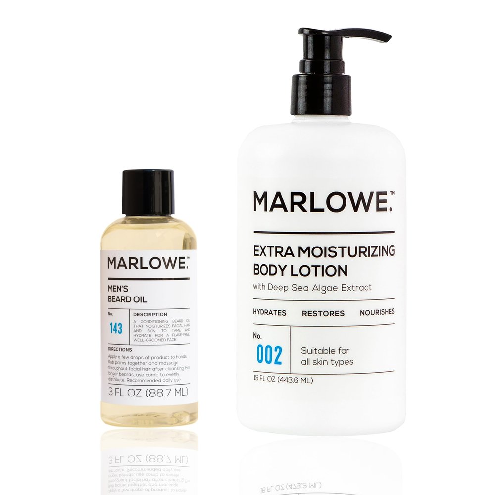 MARLOWE. Men's Body Lotion & Beard Oil Bundle Hydrating Moisturizer with Aloe Vera + Conditioning Softener with Natural Oils