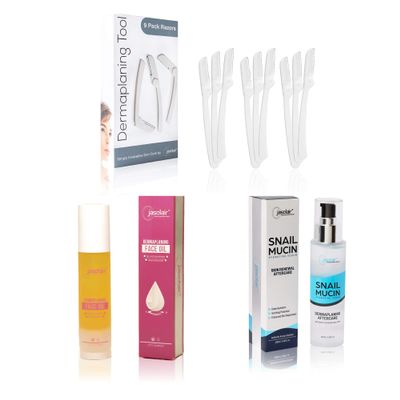 Complete Dermaplaning Skincare Kit  9-Pack Precision Razors, Pre-Treatment Face Oil & Hydrating Snail Mucin Serum