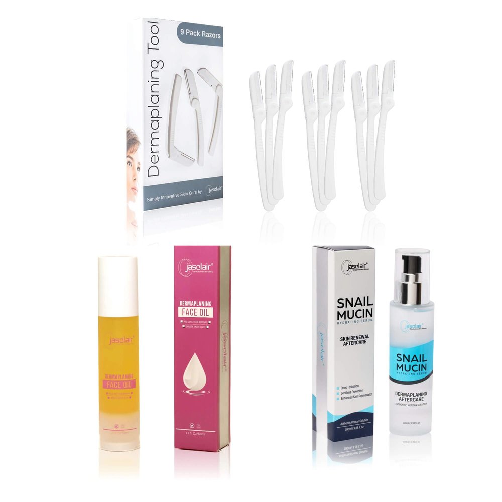 Complete Dermaplaning Skincare Kit  9-Pack Precision Razors, Pre-Treatment Face Oil & Hydrating Snail Mucin Serum