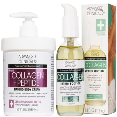 Advanced Clinicals Collagen Peptides Firming Body Lotion Face Cream + Collagen Body Oil Moisturizer 2PC Skin Care Set For Women & Men | Skin Tightening Dry Skin Moisturizing Cream & Massage Oil, 2PC