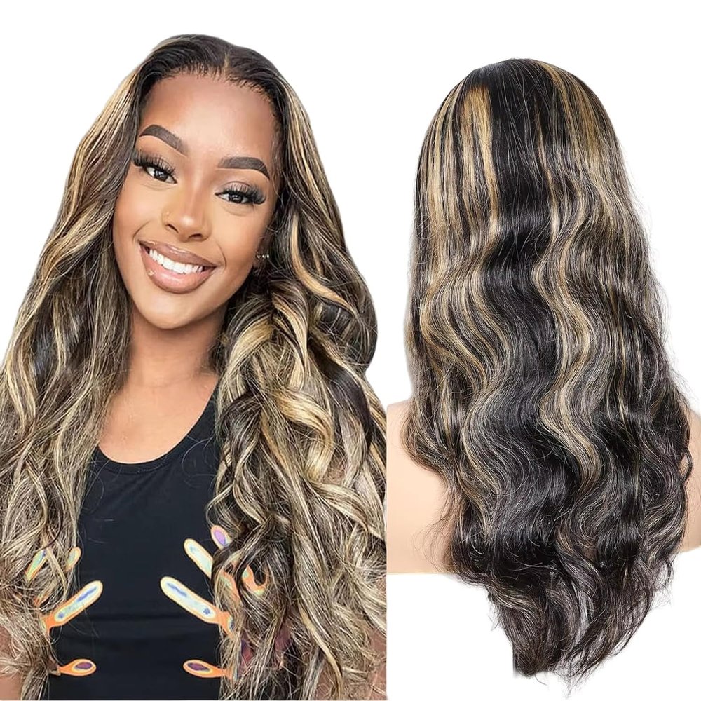 13x4 Body Wave Lace Front Wigs Pre Plucked Lace Frontal Wigs Human Hair Blonde Highlight #1b 27 Glueless Human Wigs Pre Plucked with Baby Hair (180 density, 20inch)