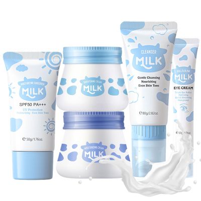 ARCHIDATE Milk Face Routine Set, 5Pcs Moisturizing Facial Skin Care Sets, Long-lasting Hydrating, Enhance Skin Elasticity, Face Care Kit Include Cream, Cleanser, Eye Cream, Moisturizer, Sunscreen