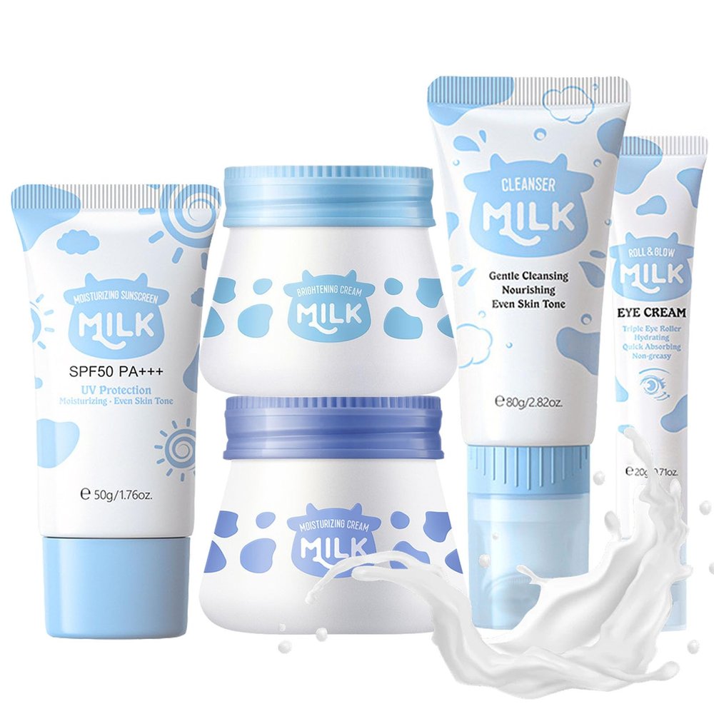 ARCHIDATE Milk Face Routine Set, 5Pcs Moisturizing Facial Skin Care Sets, Long-lasting Hydrating, Enhance Skin Elasticity, Face Care Kit Include Cream, Cleanser, Eye Cream, Moisturizer, Sunscreen