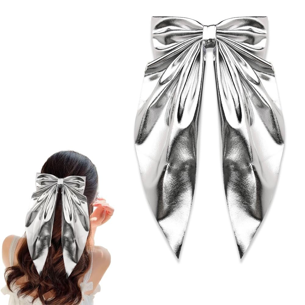 Big Hair Bows for Women Silver Bow Barrettes Clip Bowknot Clips for Thin Thick Hair Accessories for Girls Long Ribbon Clips for Women Spring Clip Barrette Bows