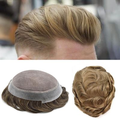 Hair Wonders Mens Toupee Hair System For Men Hairpiece Fine Monofilament Toupee For Mens Hair System French Lace Front 8x10 110% light to Medium density#2010 20# LIGHT ASH BLONDE+10% GRYE