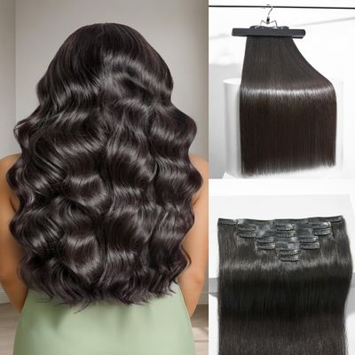 Frodio Clip Ins Hair Extensions Black: Remy Real Human Hair Pu Seamless Silk Long Straight Invisible Full Thick Virgin Brazilian Jet Black Natural Color Beauty For Women Can Be Body Wave 100g 7 Piece