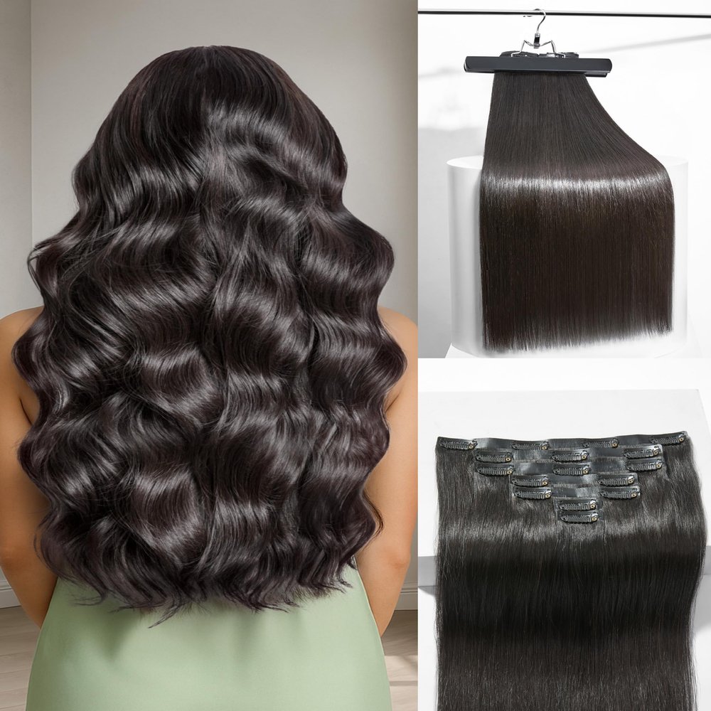 Frodio Clip Ins Hair Extensions Black: Remy Real Human Hair Pu Seamless Silk Long Straight Invisible Full Thick Virgin Brazilian Jet Black Natural Color Beauty For Women Can Be Body Wave 100g 7 Piece