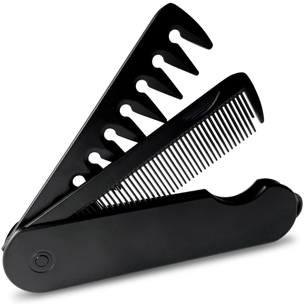 2-in-1 Men's Protable Folding Pocket Comb - Black, Fine & Wide Tooth Comb for Hair and Beard Grooming