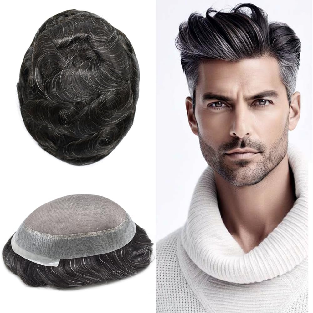 Hair Wonders Mens Toupee Hair System For Men Hairpiece Fine Monofilament Toupee For Mens Hair System French Lace Front 6x9 120% Medium light to Medium density#1B10 1B# OFF BLACK+10% GREY