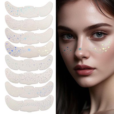 16pcs Holographic Face Tattoo, Sparkle Makeup Patches, Waterproof Glow Up Face Glitter Speckles, Sparkly Temporary Cosmetic Stickers for Women Kids Festival Rave Dancing Accessories