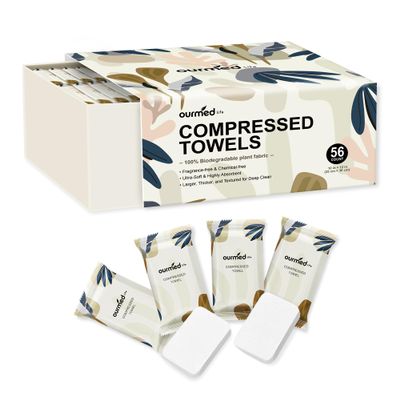 Ourmed Life Compressed Towel Tablets  Portable, Individually Wrapped Disposable Face Towels, Quickly Expand with Water, Soft & Lint-Free, 12x10 for Travel, Camping, Hiking, Backpacking (56 Count)