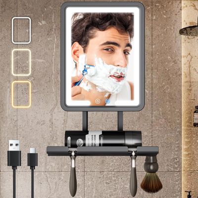 Heated Shower Mirror Fogless for Shaving, Fogless Shaving Mirror with Light for Men, 3 Color Light Modes Dimmable, Rechargeable Anti-Fog Shower Mirror with Storage Tray & Razor Holder for Christmas