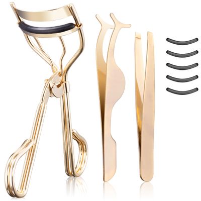 3-in-1 Professional Eyelash Curler Kit  Salon-Perfect Lashes at Home!Includes: Eyelash Curler (w/Replacement Pad), Eyebrow Tweezers & Curved Applicator Toolr  Travel-Friendly & Pain-Free (Gold)