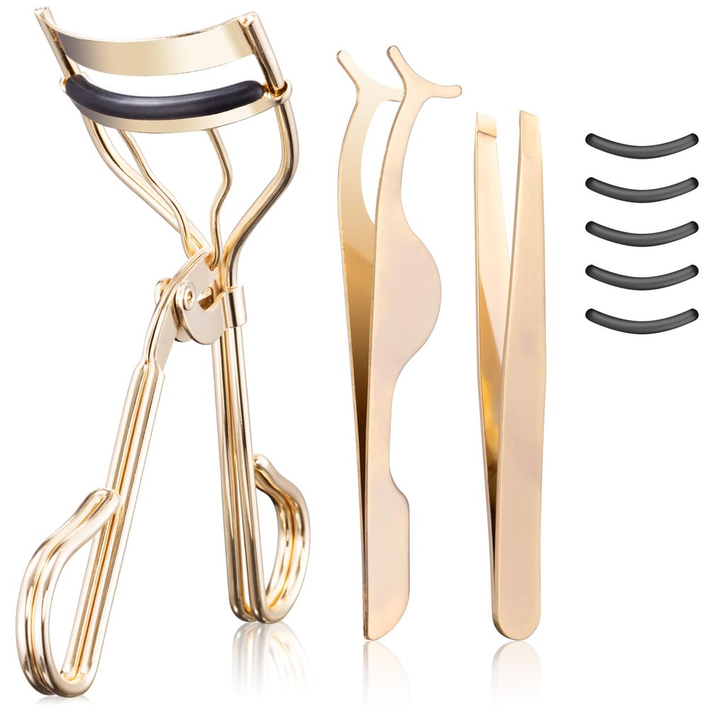 3-in-1 Professional Eyelash Curler Kit  Salon-Perfect Lashes at Home!Includes: Eyelash Curler (w/Replacement Pad), Eyebrow Tweezers & Curved Applicator Toolr  Travel-Friendly & Pain-Free (Gold)