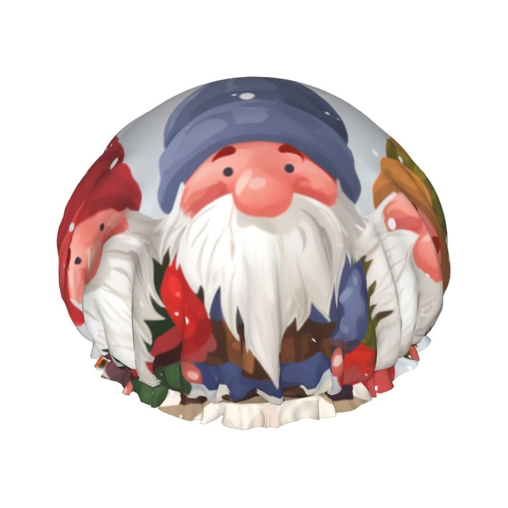 Christmas Winter Gnomes Shower Cap For Women Reusable Double Layers Bathing Bath Cap Hair Caps Waterproof Elastic Band Ladies Spa Salon Shower Hat Hair Caps
