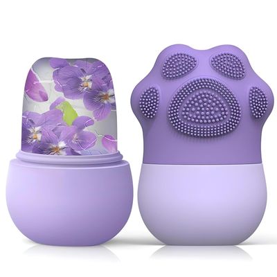2-in-1 Facial Ice Roller and Massager Set, Paw-Shaped Scrubber, Purple, Floral Design