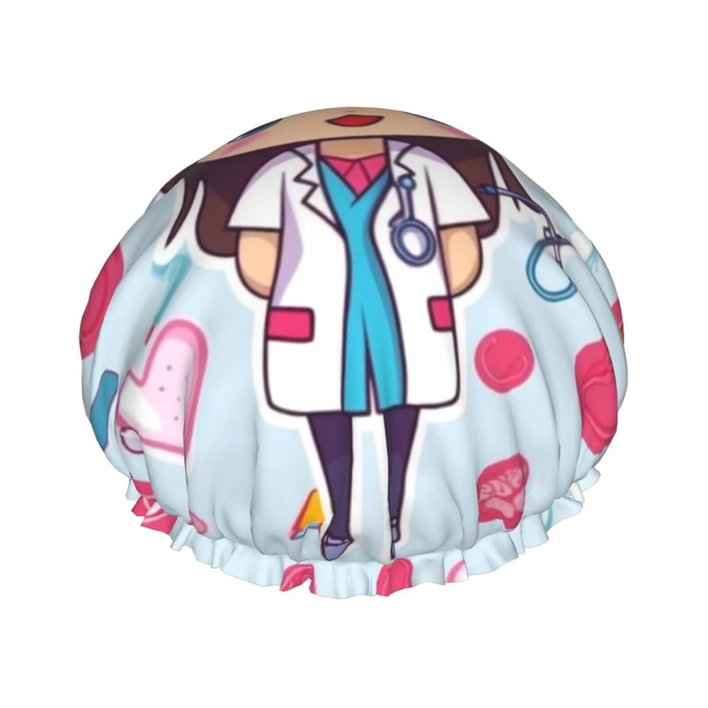 Cute Nurse Shower Cap For Women Reusable Double Layers Bathing Bath Cap Hair Caps Waterproof Elastic Band Ladies Spa Salon Shower Hat Hair Caps