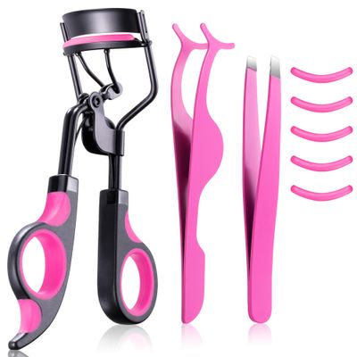 3-in-1 Professional Eyelash Curler Kit  Salon-Perfect Lashes at Home!Includes: Eyelash Curler (w/Replacement Pad), Eyebrow Tweezers & Curved Applicator Toolr  Travel-Friendly & Pain-Free (Red)