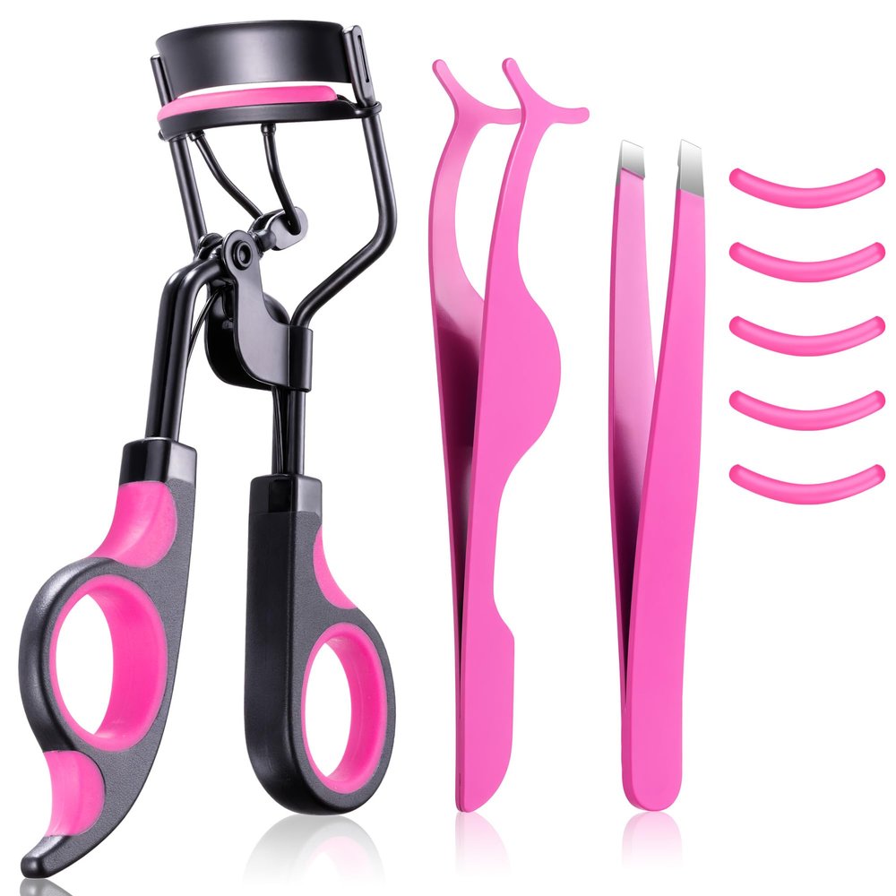 3-in-1 Professional Eyelash Curler Kit  Salon-Perfect Lashes at Home!Includes: Eyelash Curler (w/Replacement Pad), Eyebrow Tweezers & Curved Applicator Toolr  Travel-Friendly & Pain-Free (Red)