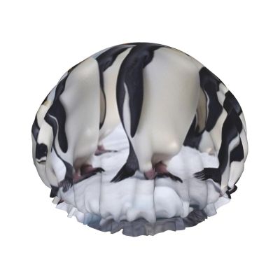Antarctica Penguins Shower Cap For Women Reusable Double Layers Bathing Bath Cap Hair Caps Waterproof Elastic Band Ladies Spa Salon Shower Hat Hair Caps