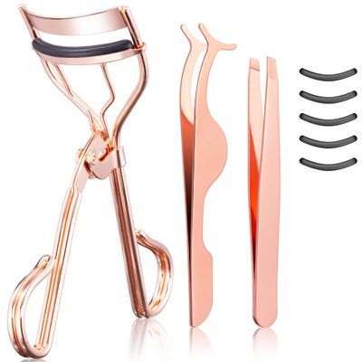 3-in-1 Professional Eyelash Curler Kit Salon-Perfect Lashes at Home!Includes: Eyelash Curler (w/Replacement Pad), Eyebrow Tweezers & Curved Applicator Toolr Travel-Friendly & Pain-Free (Rosegold)