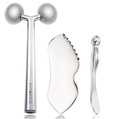 annrose 3-in-1 Stainless Steel Facial Massage Set, Face Roller, Gua Sha Tool, Eye Cream Applicator, Silver,Gifts for Women and Girl