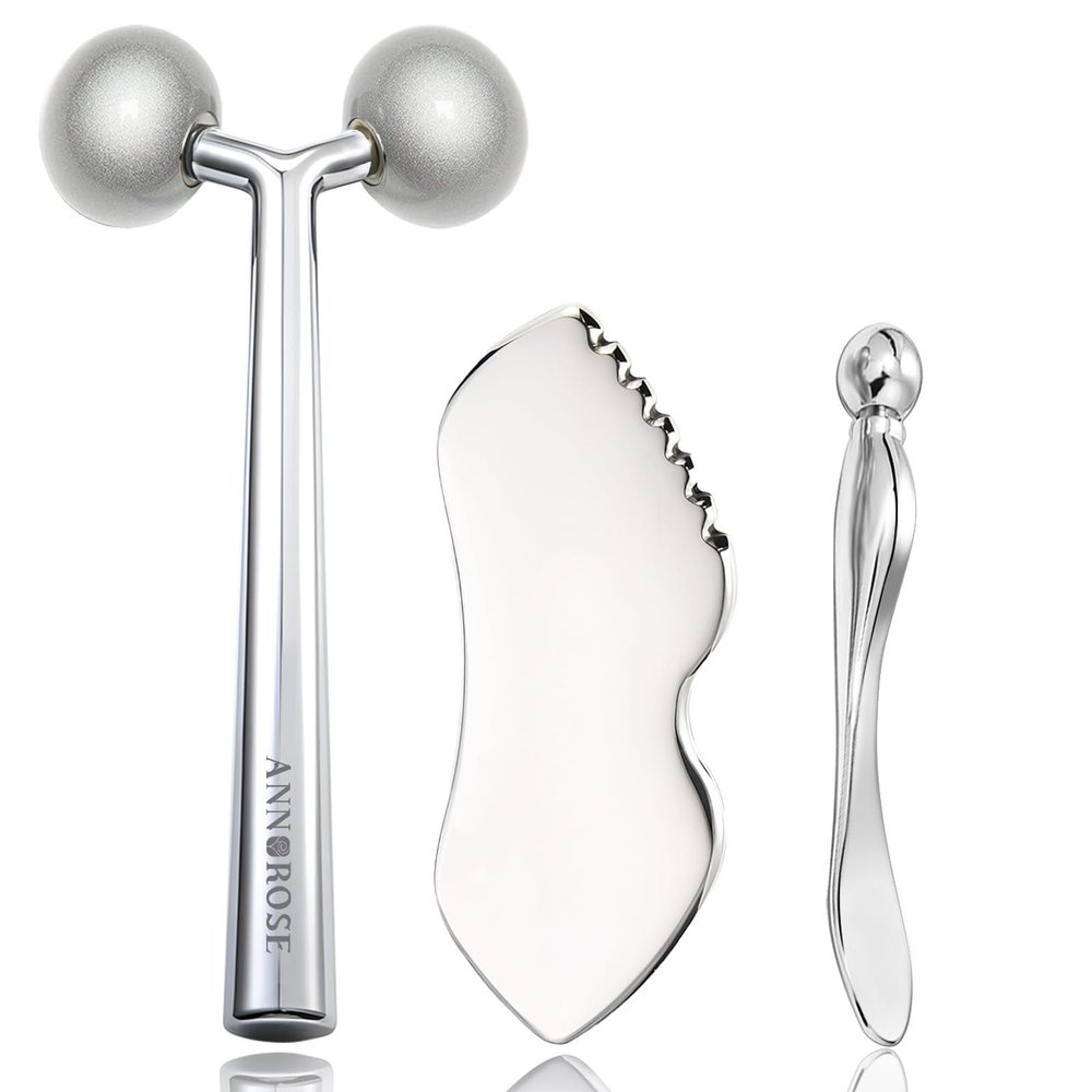 annrose 3-in-1 Stainless Steel Facial Massage Set, Face Roller, Gua Sha Tool, Eye Cream Applicator, Silver,Gifts for Women and Girl