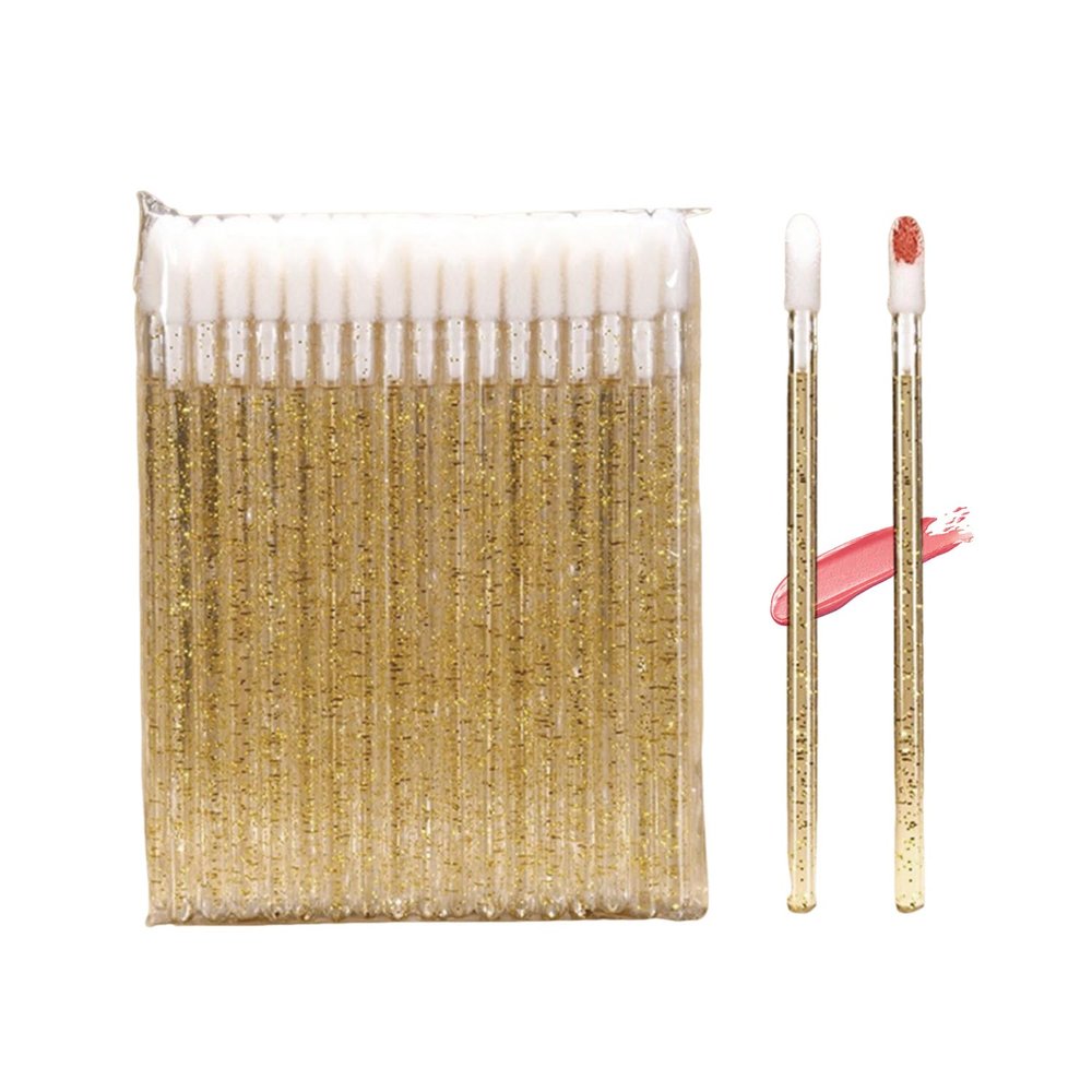 50PCS Disposable Crystal Lip Brushes - Premium Gold Lip Gloss Applicator Wands with Soft Cotton Tips, Portable Makeup Tools for Lipstick/Gloss Application