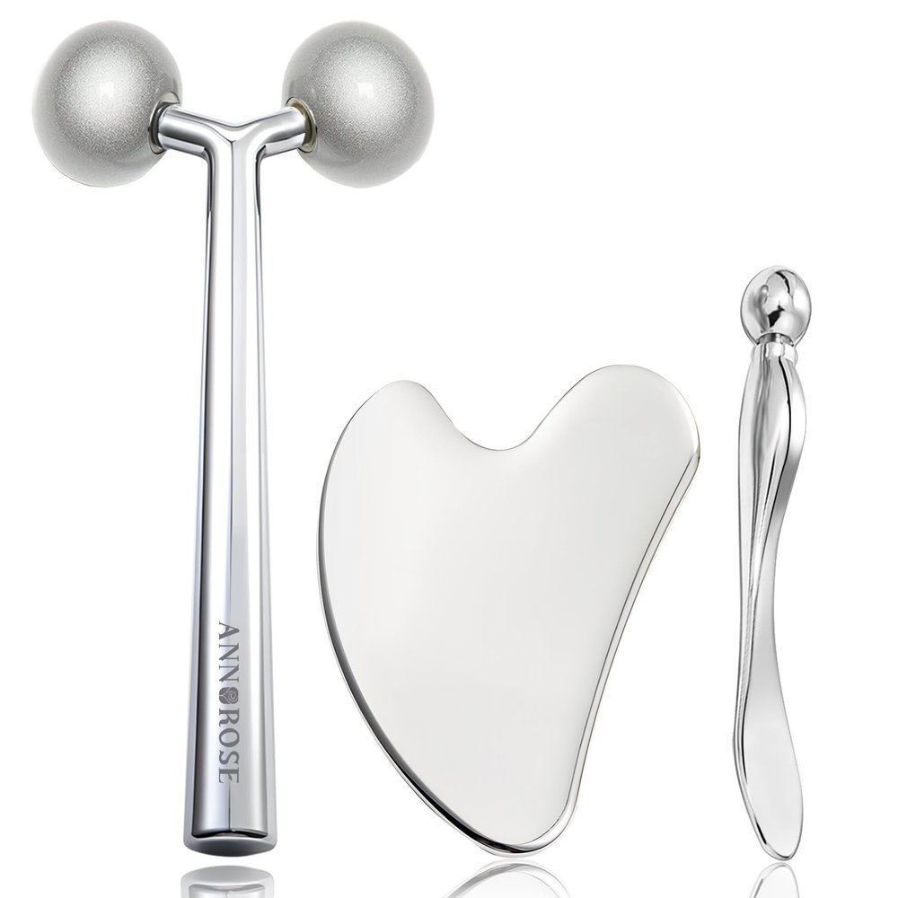 Annarose Face Roller Massager Skin & Gua Sha Facial Tools Stainless Steel, Facial Massage Skin Carefor Face Neck Body, Reduce Puffiness Remove Wrinkles, Valentines Gift for Women