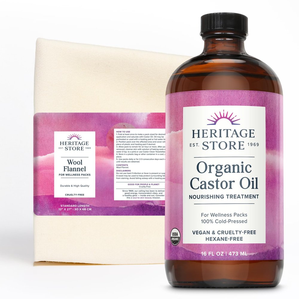 HERITAGE STORE Organic Castor Oil Pack Wrap Kit - Soothing Castor Oil Packs, Heat Compress for Abdomen, Joints, Overall Health - 16oz Cold Pressed Organic Castor Oil and 12 x 27 in. Wool Flannel Cloth