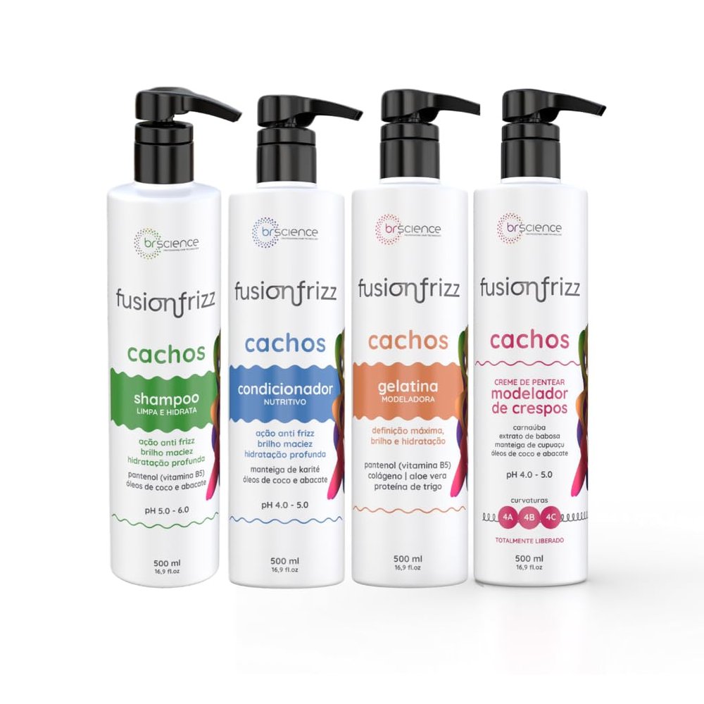 Brscience Fuzionfrizz Curl Styler Kit - Control & Long-Lasting Definition for Curly Hair - Anti-frizz - Shampoo, Conditioner, Styling Gelatine and Combing Cream - Types - 4A, 4B, 4C - 4x500ml
