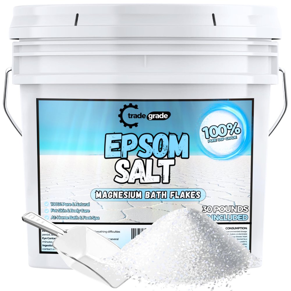 Epsom Salt Bath Soak 30 lb Bucket Unscented, Pure Epsom Salt Bulk Crystals, Magnesium Sulfate for Full Body or Foot Soaks, Resealable Container with Scoop for Home Bath Use