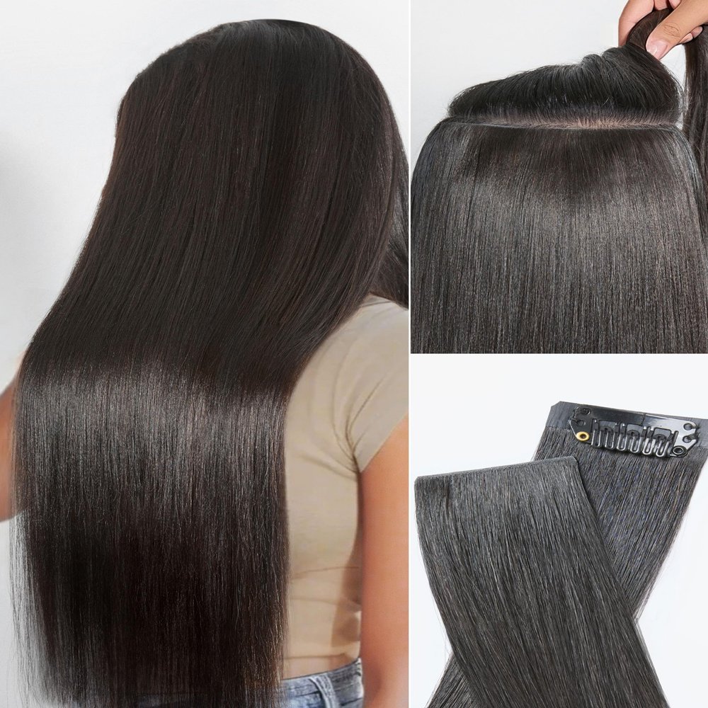 LUVME Invisible Clip in Hair Extensions, Yaki Straight Real Human Hair Remy Hair Clip ins for Women, Natural Human Hair, 16 inch 110g 6Pcs, Natural Black