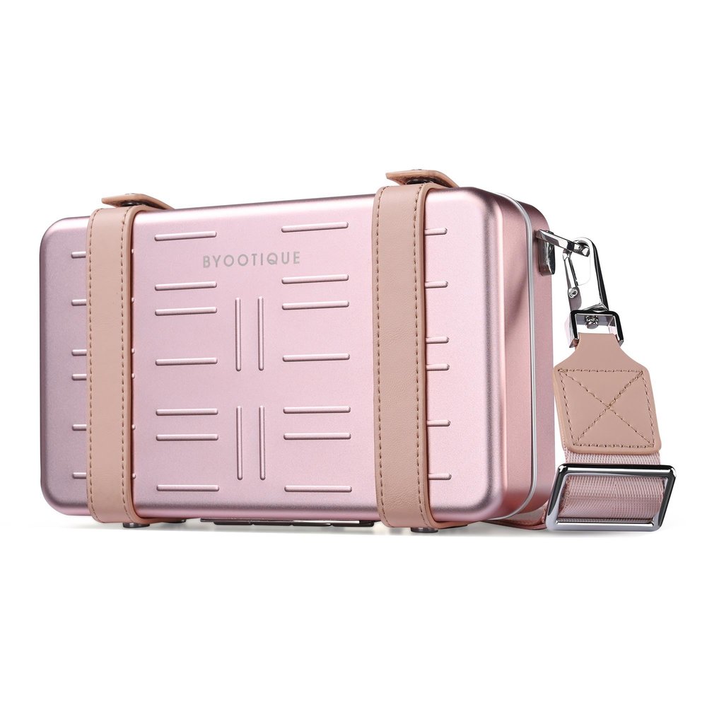 BYOOTIQUE Mini Suitcase Crossbody Bag Portable Hard Shell Aluminum with Adjustable Strap for Makeup Artist, Pink
